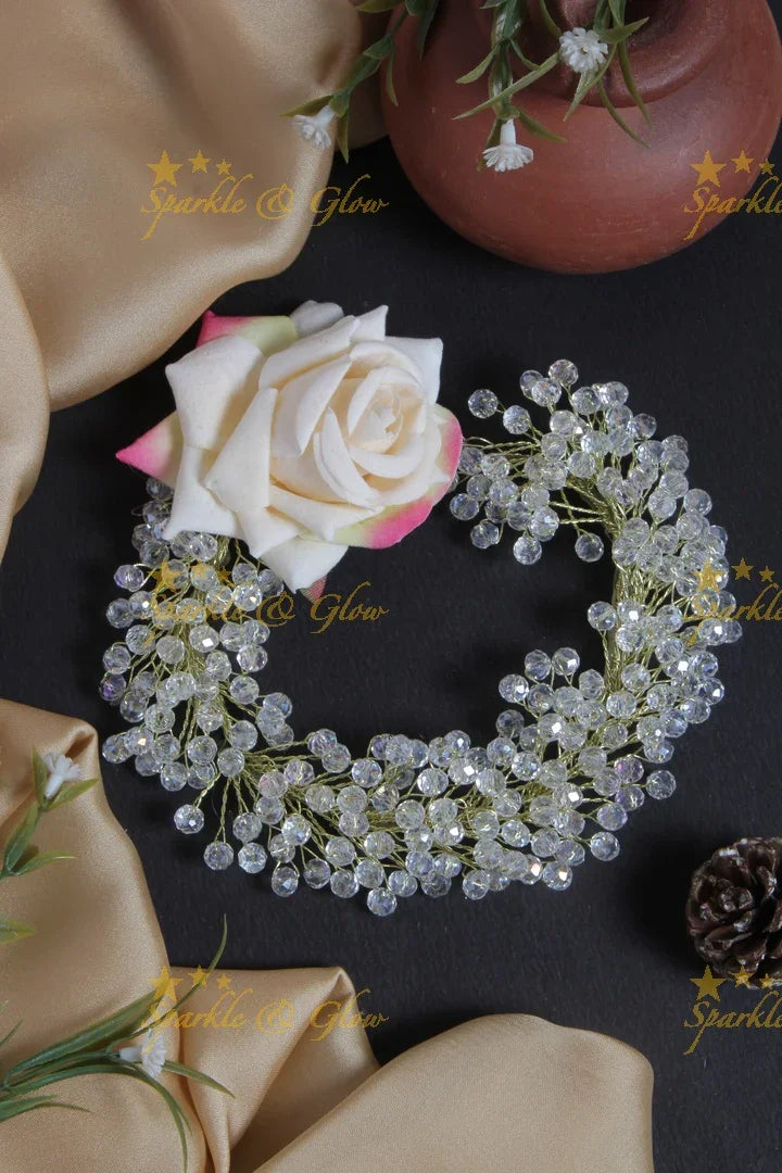 Pink Silver Rose Tranparent Pearl Hair Veena, Gajra - Sparkle and Glow