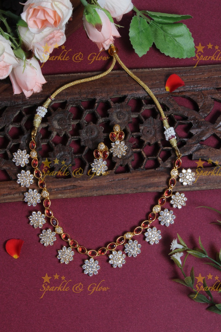 Premium matte Floral Red stones Short necklace
