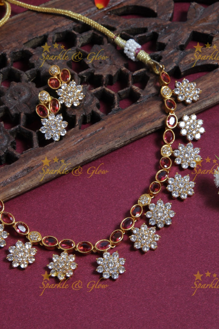 Premium matte Floral Red stones Short necklace