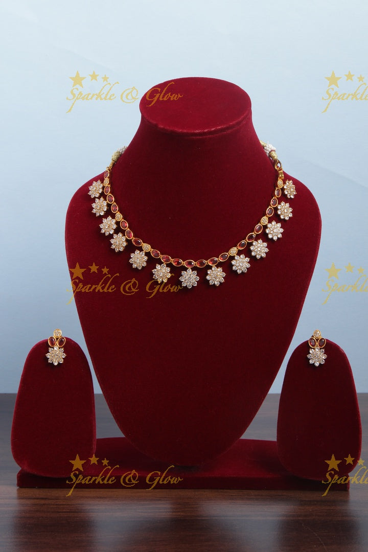 Premium matte Floral Red stones Short necklace
