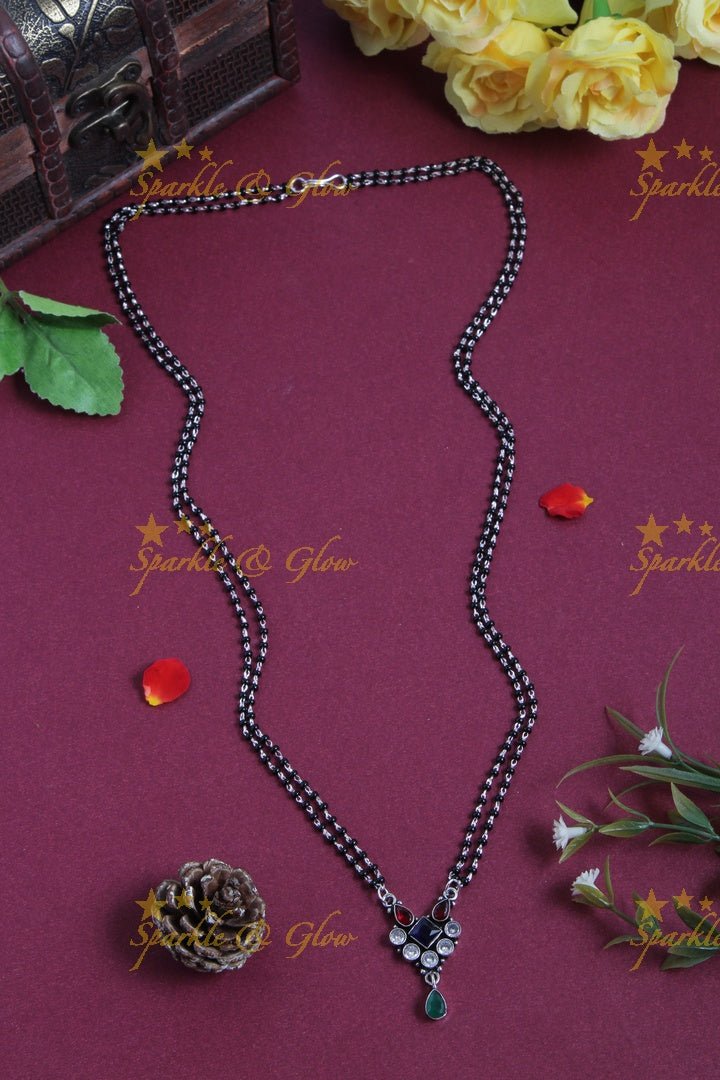 Budgetted Two Layer Black bead mangalsutra chain with diamond pendent - Multi - Sparkle and Glow - Multi - Back Thread
