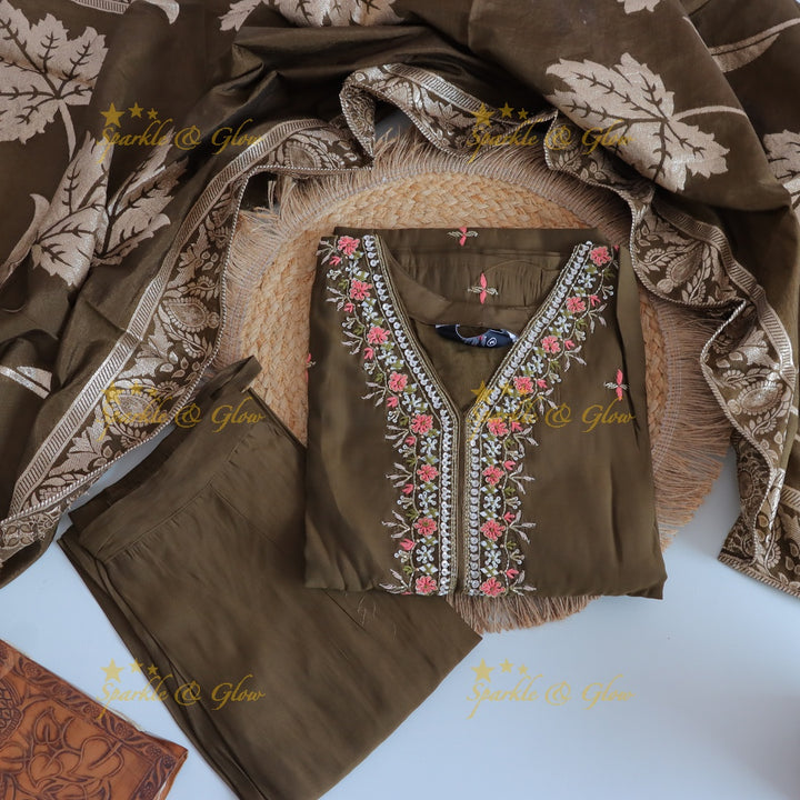 Gorgeous Roman Silk Kurti pant with Banarasi jacquard Dupatta set- Olive Green