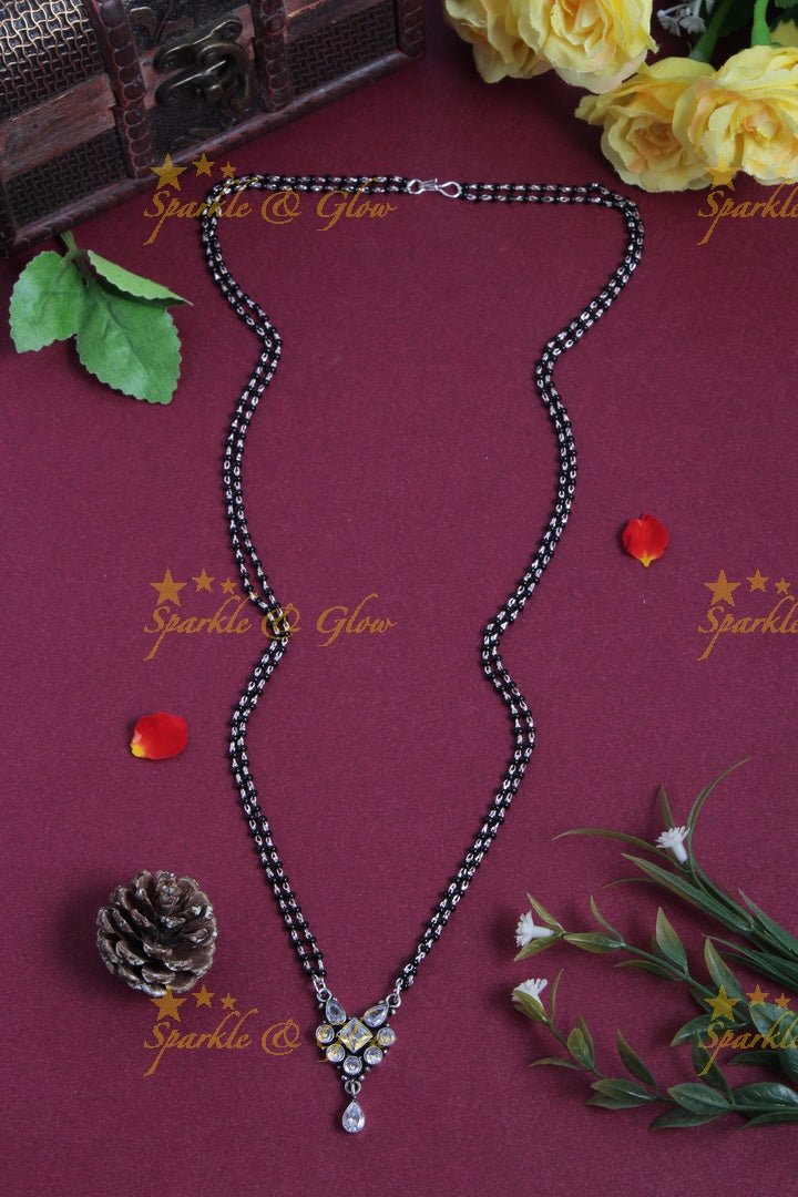 Budgetted Two Layer Black bead mangalsutra chain with diamond pendent - Multi - Sparkle and Glow - White - Back Thread