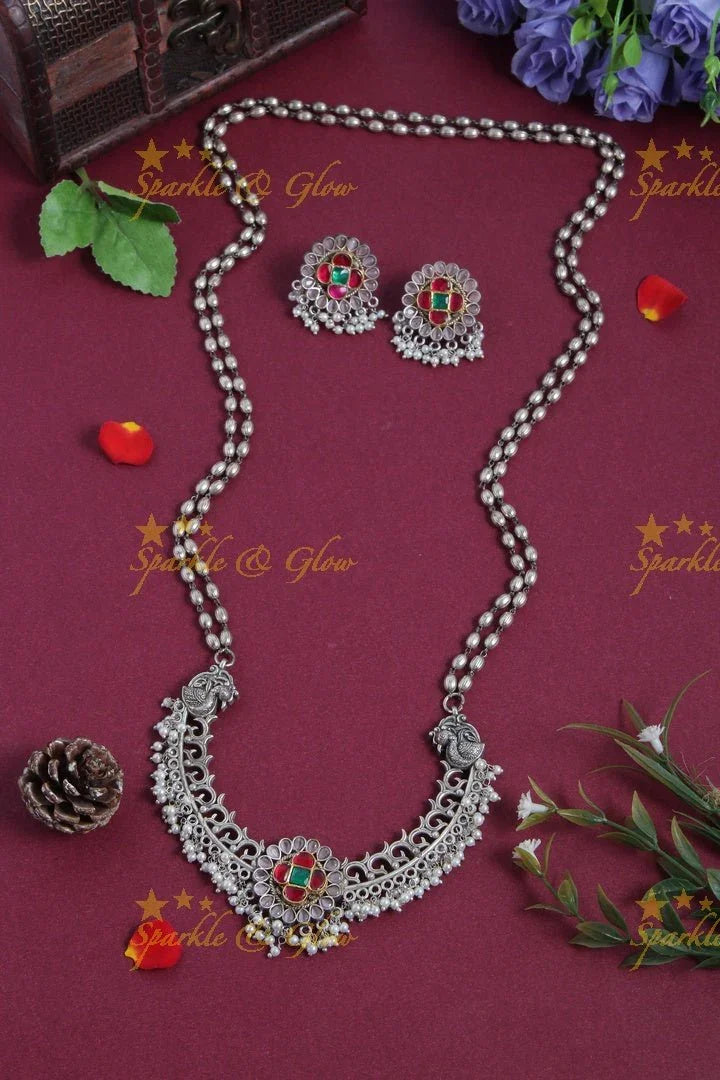 Gold beads chain with Floral Peacock Pendent - Green - Sparkle and Glow