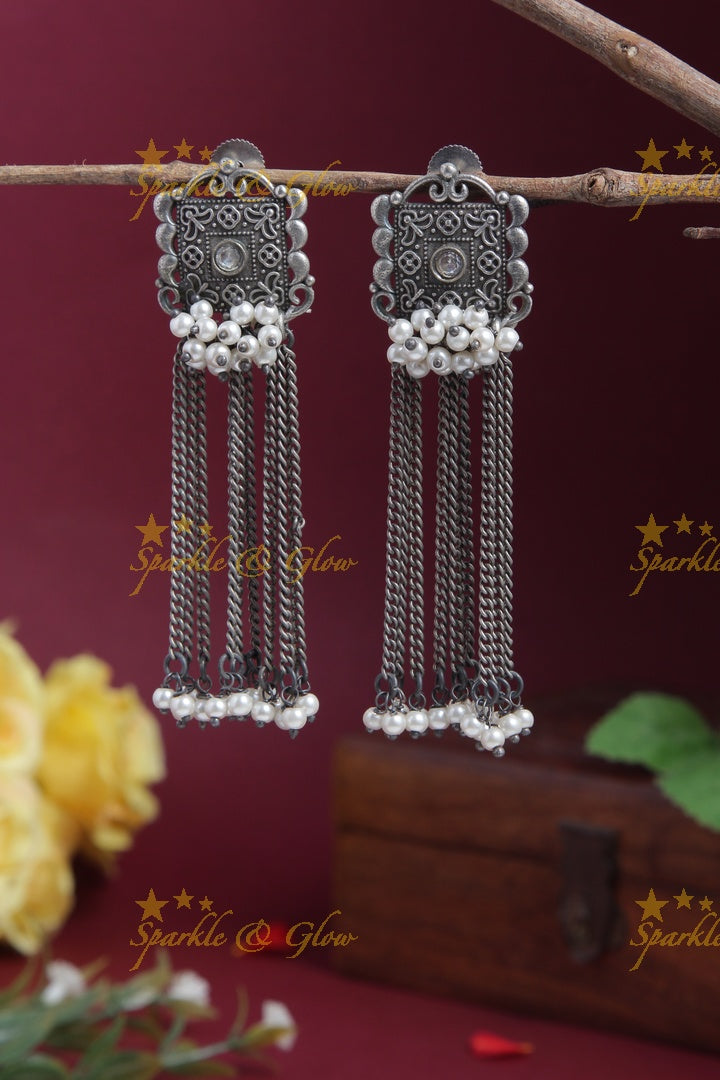 Pearl cluster silver earchain jhumkas