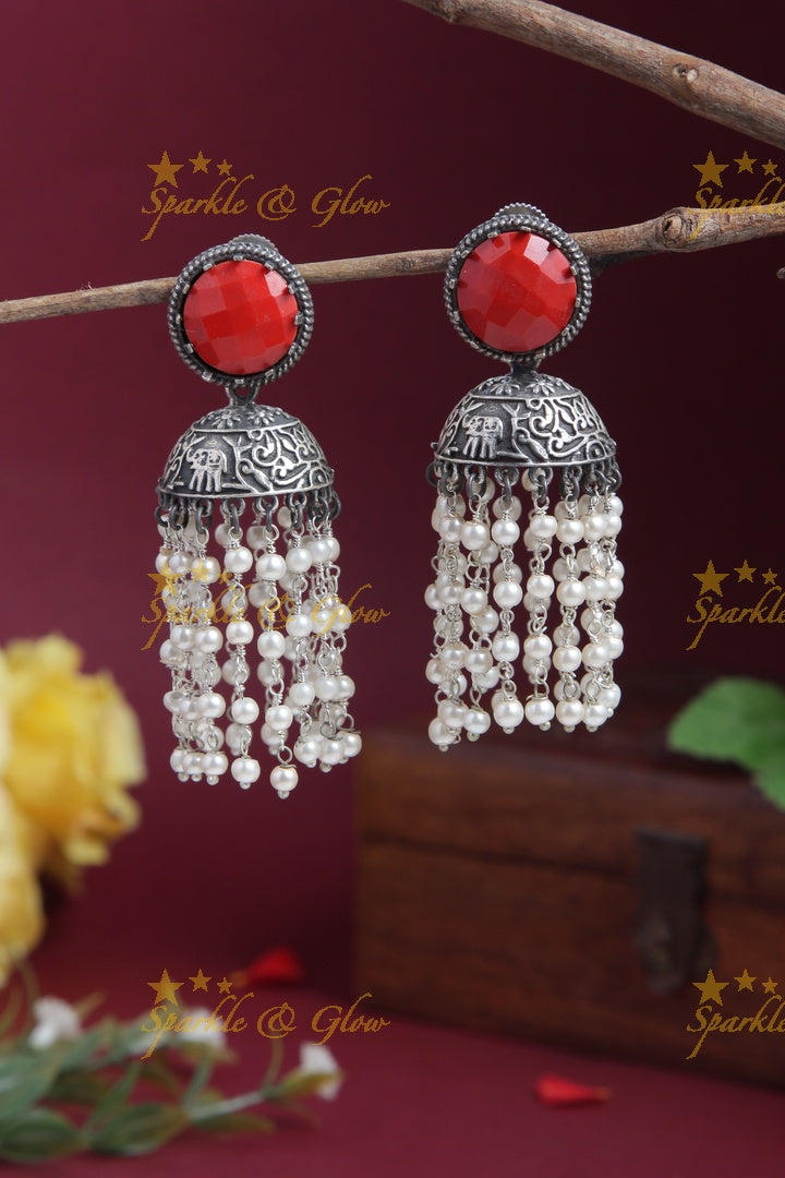 Beautiful Pearl chain jhumkas with Red stone