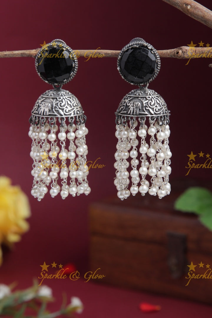 Beautiful Pearl chain jhumkas with Red stone