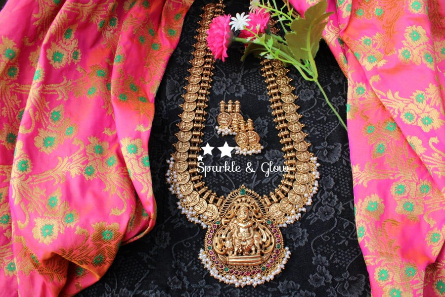 Gold like coin Krishna Playing flute pendent haram with pearl beads - Sparkle and Glow