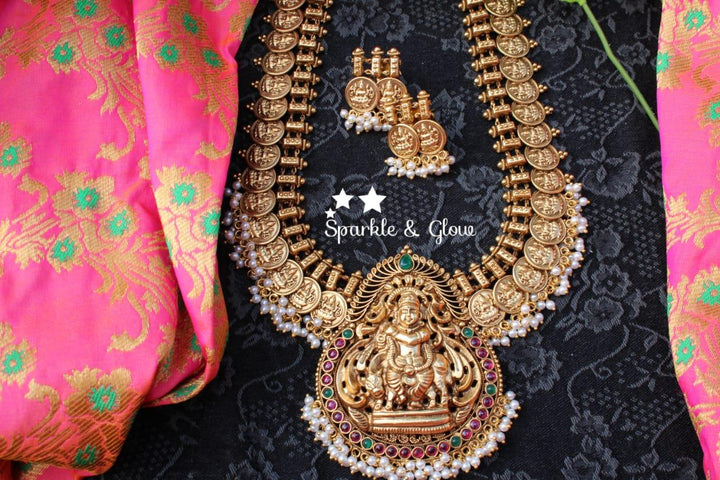 Gold like coin Krishna Playing flute pendent haram with pearl beads - Sparkle and Glow