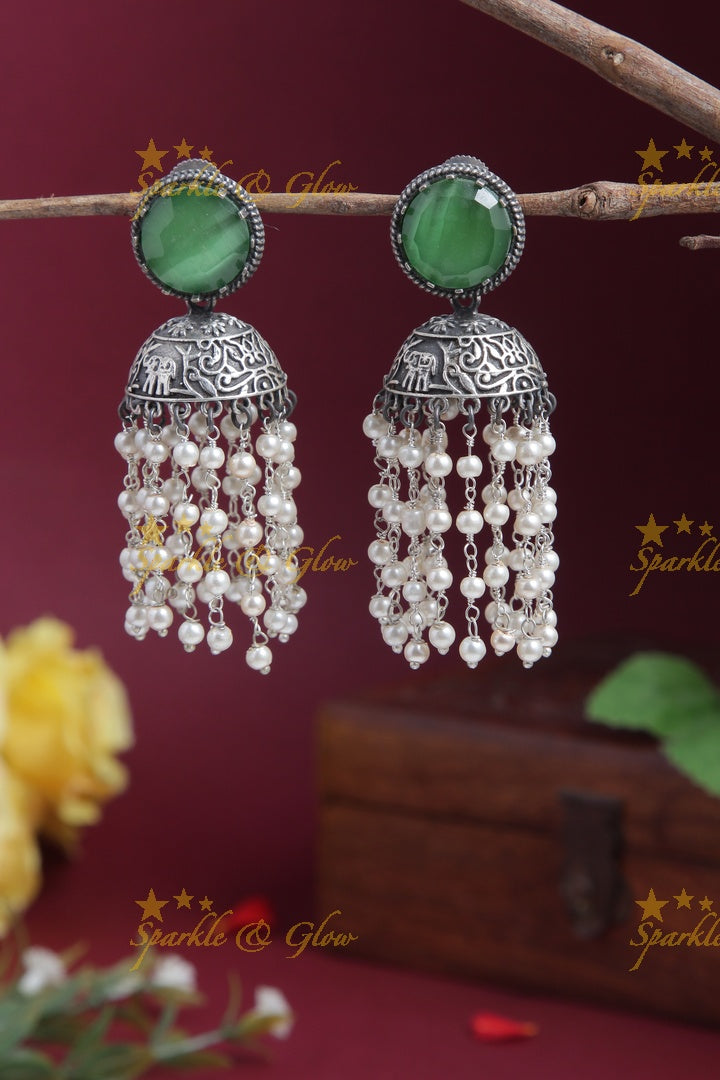 Beautiful Pearl chain jhumkas with Red stone