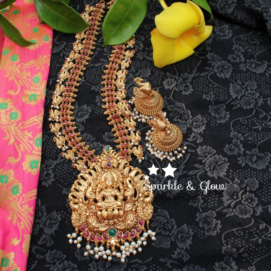 Gold alike Lakshmi haram with peacock and pearl emblishments - Sparkle and Glow