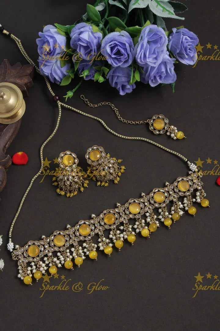 Antique Floral Stone Pearl Choker with Maang Tikka - Orange - Sparkle and Glow