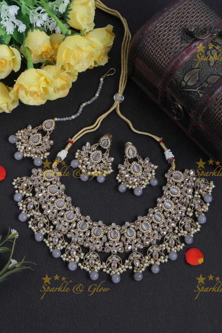Beautiful Antique Floral Short Necklace with Maang Tikka - Pink - Sparkle and Glow