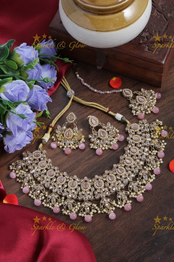 Beautiful Antique Floral Short Necklace with Maang Tikka - Pink - Sparkle and Glow
