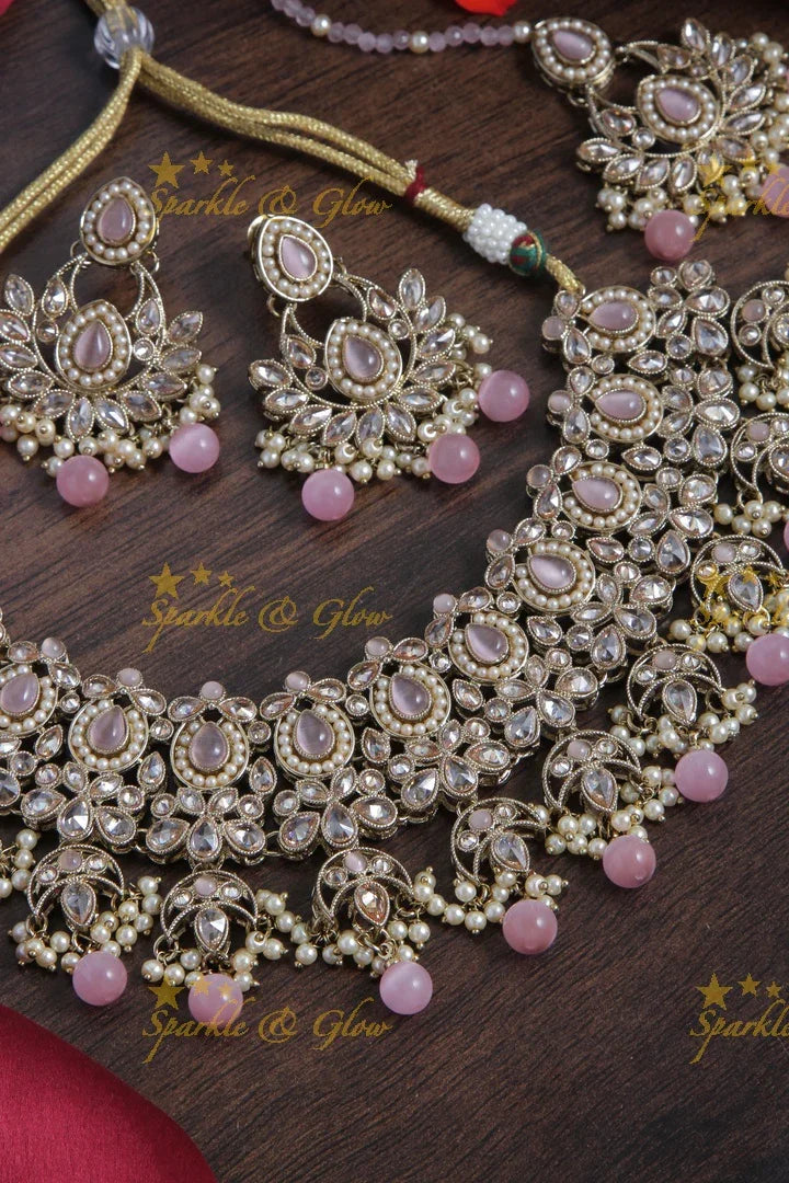 Beautiful Antique Floral Short Necklace with Maang Tikka - Pink - Sparkle and Glow