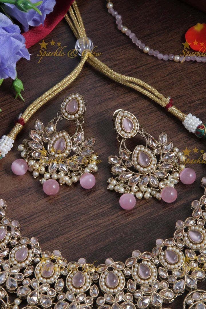Beautiful Antique Floral Short Necklace with Maang Tikka - Pink - Sparkle and Glow