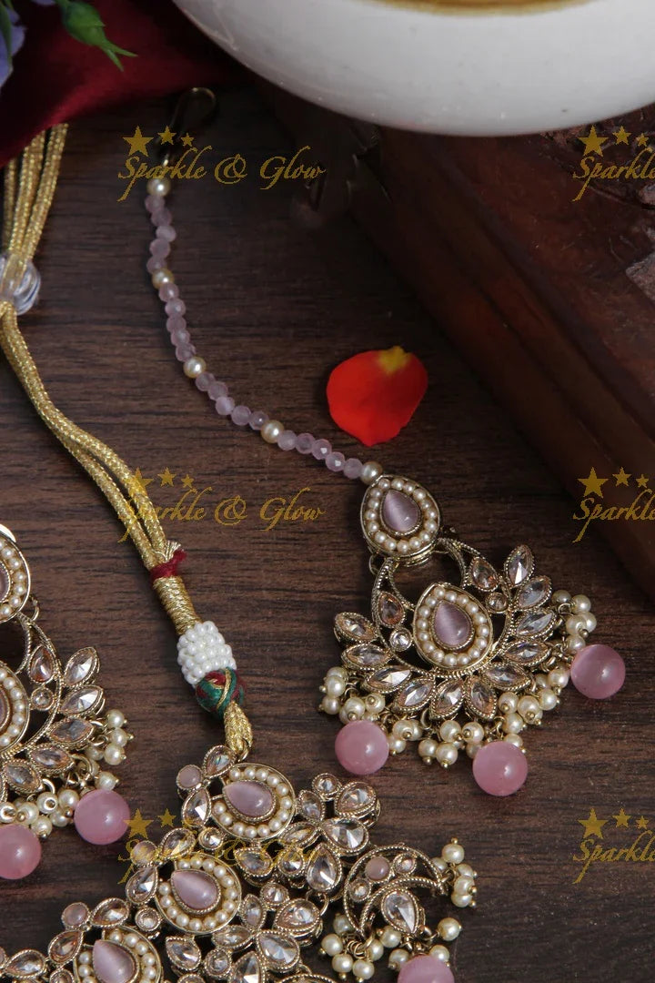 Beautiful Antique Floral Short Necklace with Maang Tikka - Pink - Sparkle and Glow