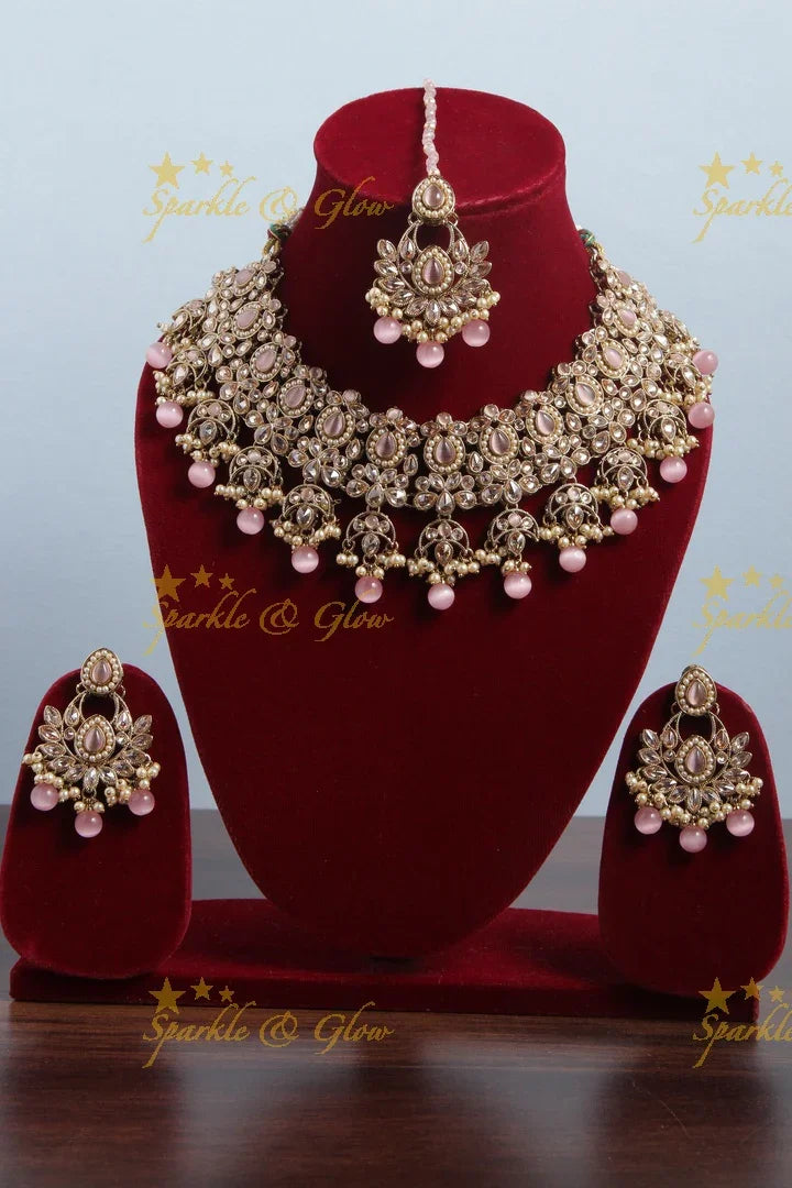 Beautiful Antique Floral Short Necklace with Maang Tikka - Pink - Sparkle and Glow