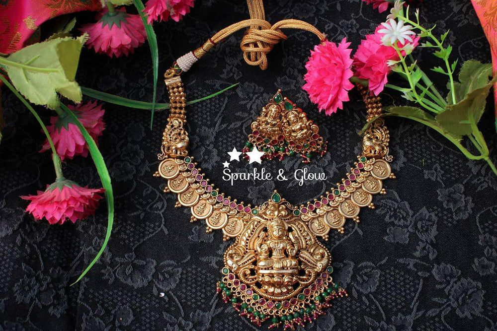 Gold like Coin Lakshmi short necklace with Gold beads - Sparkle and Glow