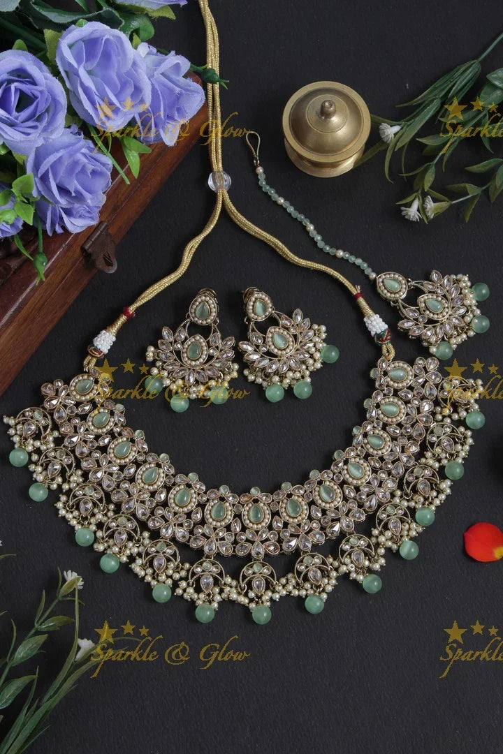 Beautiful Antique Floral Short Necklace with Maang Tikka - Pink - Sparkle and Glow