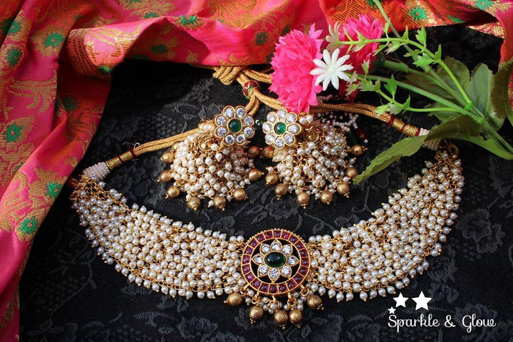 Elegant Gold high neck choker with kemp stones pendent -Green White - Sparkle and Glow