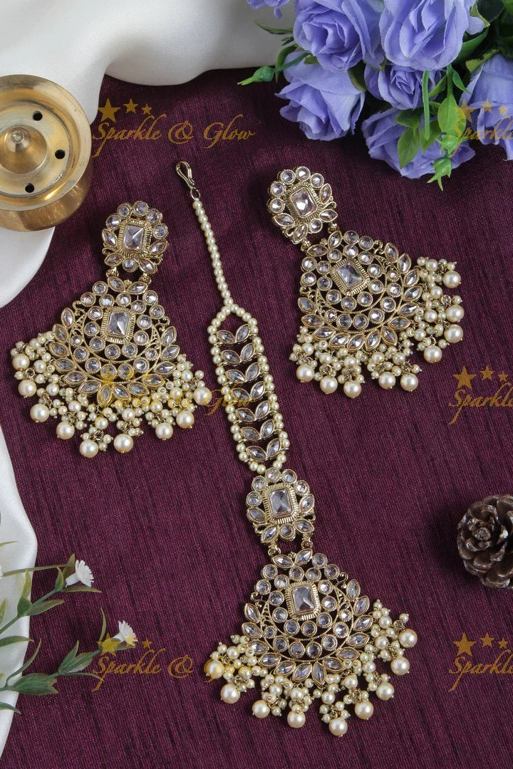 Stone Leaf Chandbalis with Maang Tikka Set