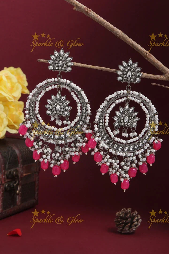 Silver Pearl Floral Chandbalis - Pink