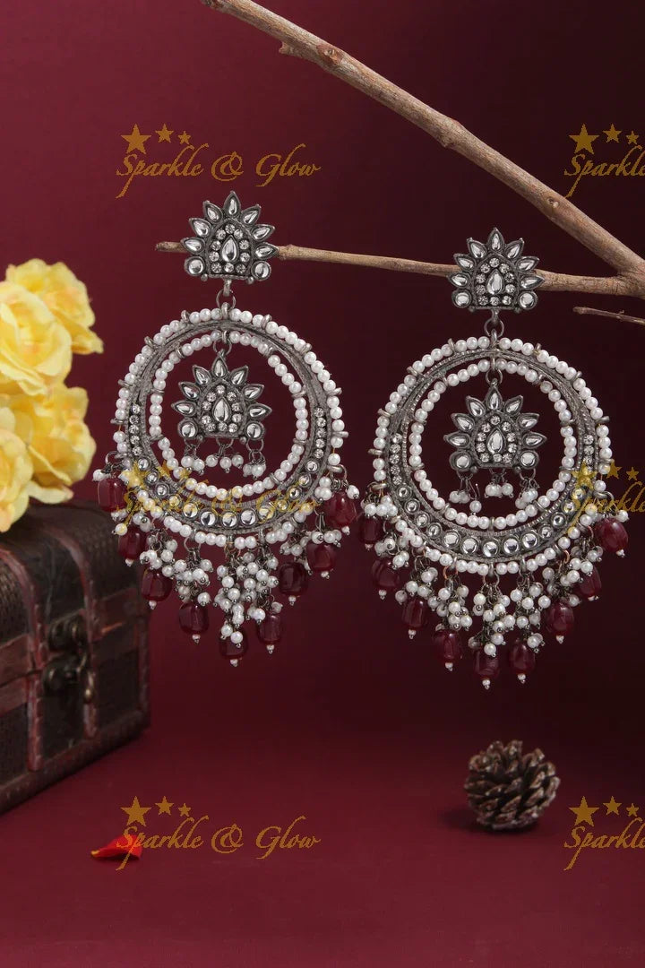 Silver Pearl Floral Chandbalis - Pink