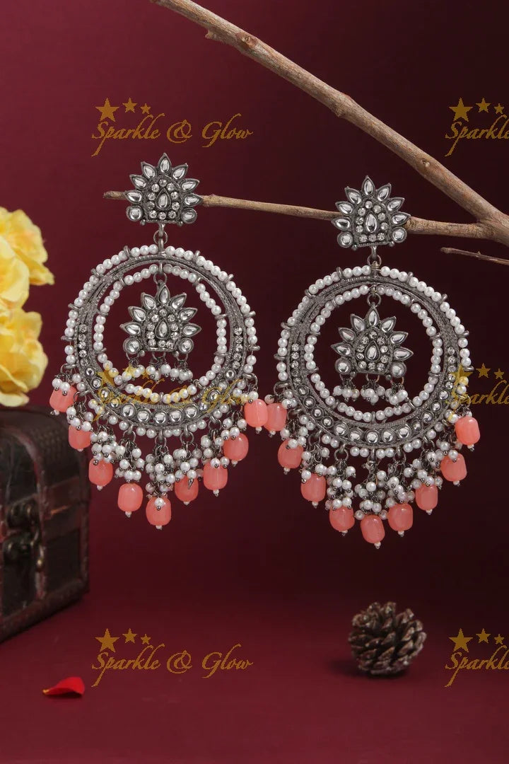 Silver Pearl Floral Chandbalis - Pink