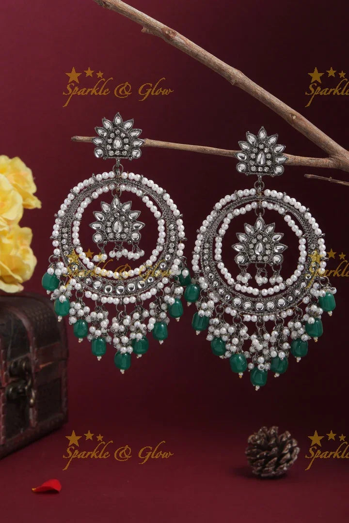 Silver Pearl Floral Chandbalis - Pink