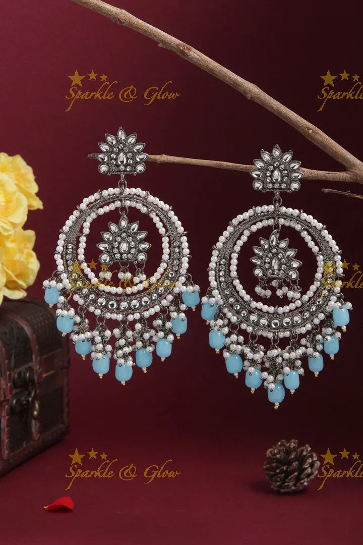 Silver Pearl Floral Chandbalis - Pink