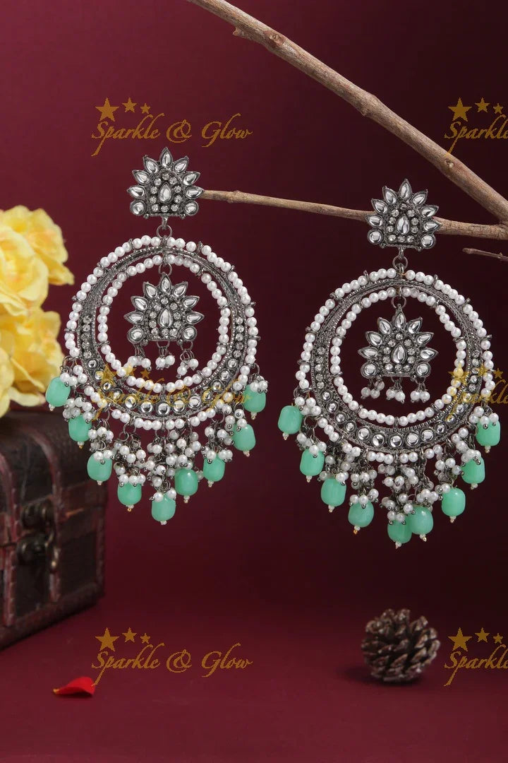Silver Pearl Floral Chandbalis - Pink
