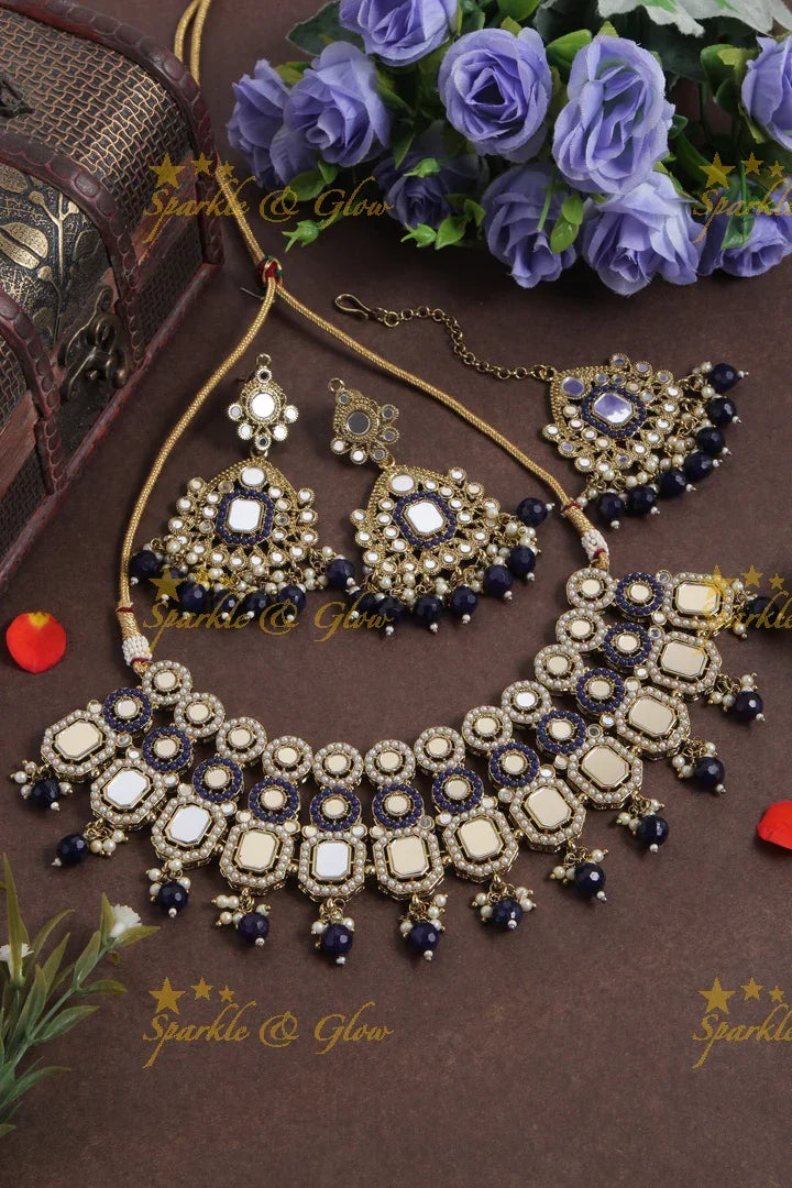 Antique Short Special Mirror Necklace with Maang Tikka - Red - Sparkle and Glow