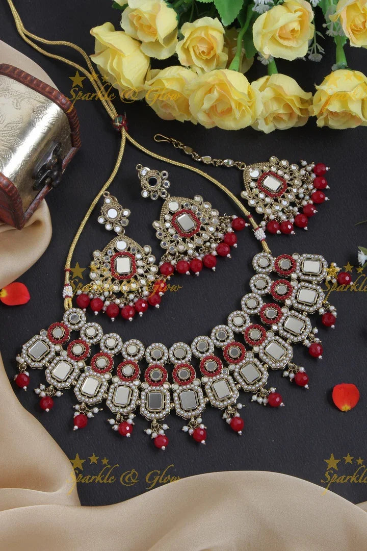 Antique Short Special Mirror Necklace with Maang Tikka - Red - Sparkle and Glow