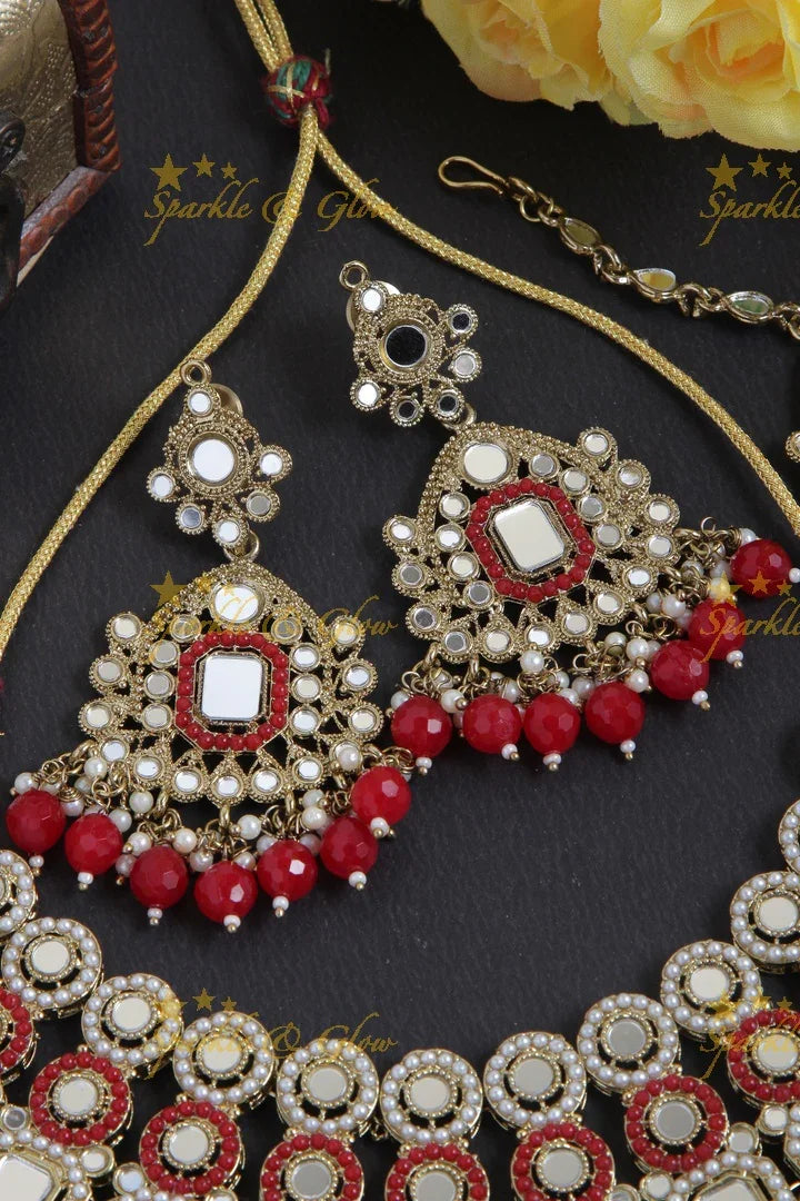 Antique Short Special Mirror Necklace with Maang Tikka - Red - Sparkle and Glow