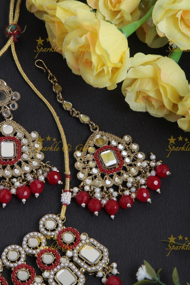 Antique Short Special Mirror Necklace with Maang Tikka - Red - Sparkle and Glow