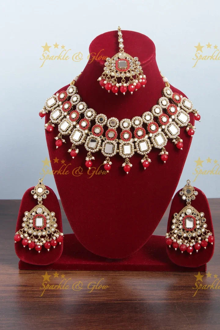 Antique Short Special Mirror Necklace with Maang Tikka - Red - Sparkle and Glow