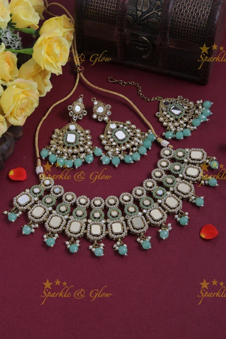 Antique Short Special Mirror Necklace with Maang Tikka - Red - Sparkle and Glow