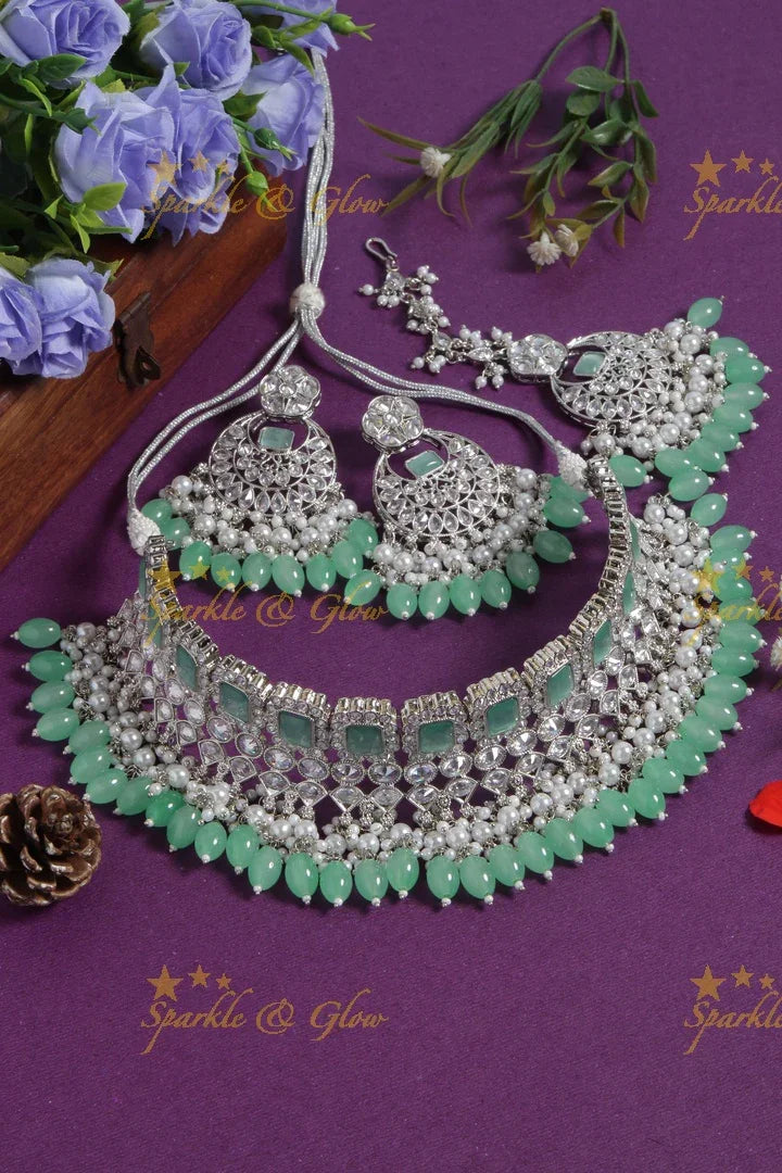 Beautiful Silver High Neck Choker with Maang Tikka - Pearl - Sparkle and Glow