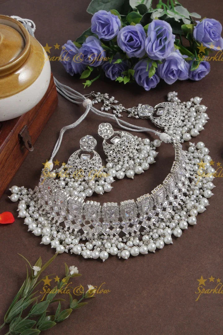 Beautiful Silver High Neck Choker with Maang Tikka - Pearl - Sparkle and Glow