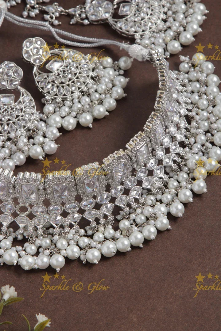 Beautiful Silver High Neck Choker with Maang Tikka - Pearl - Sparkle and Glow