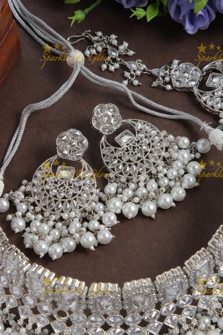 Beautiful Silver High Neck Choker with Maang Tikka - Pearl - Sparkle and Glow
