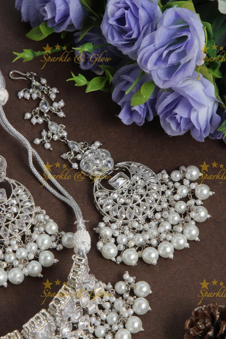 Beautiful Silver High Neck Choker with Maang Tikka - Pearl - Sparkle and Glow