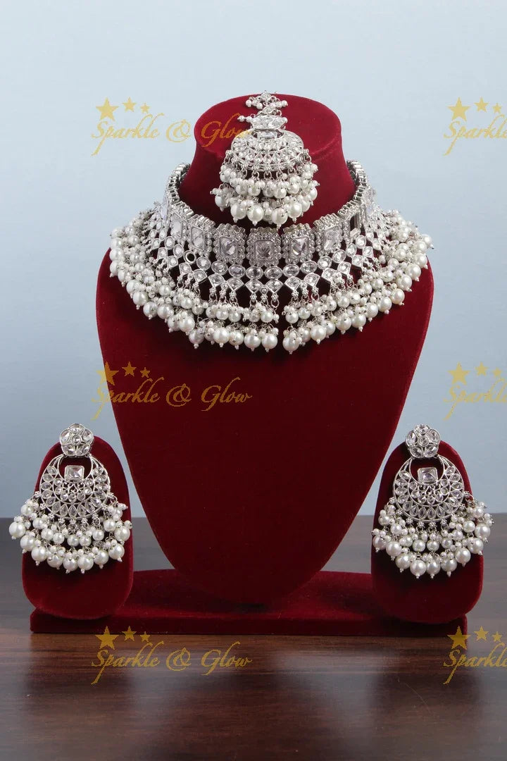 Beautiful Silver High Neck Choker with Maang Tikka - Pearl - Sparkle and Glow