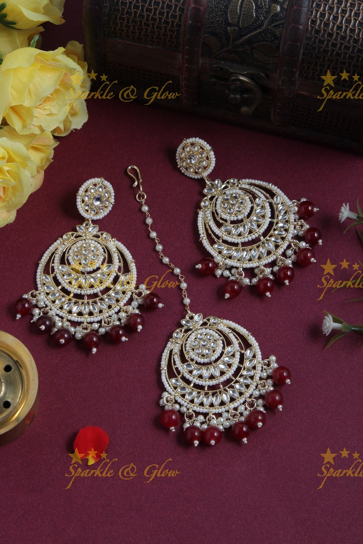 Beautiful White Stone Pearl Chandbalis with Maang Tikka