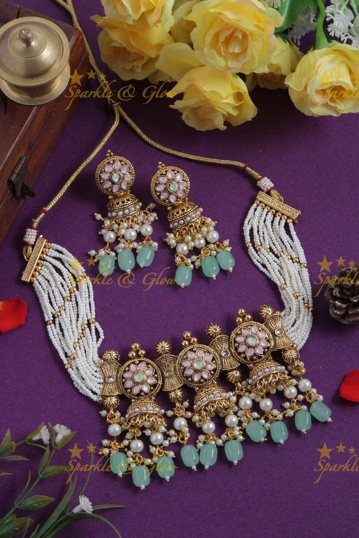 Beautiful Jhumka type pearl Pendent Choker - Pearl - Sparkle and Glow