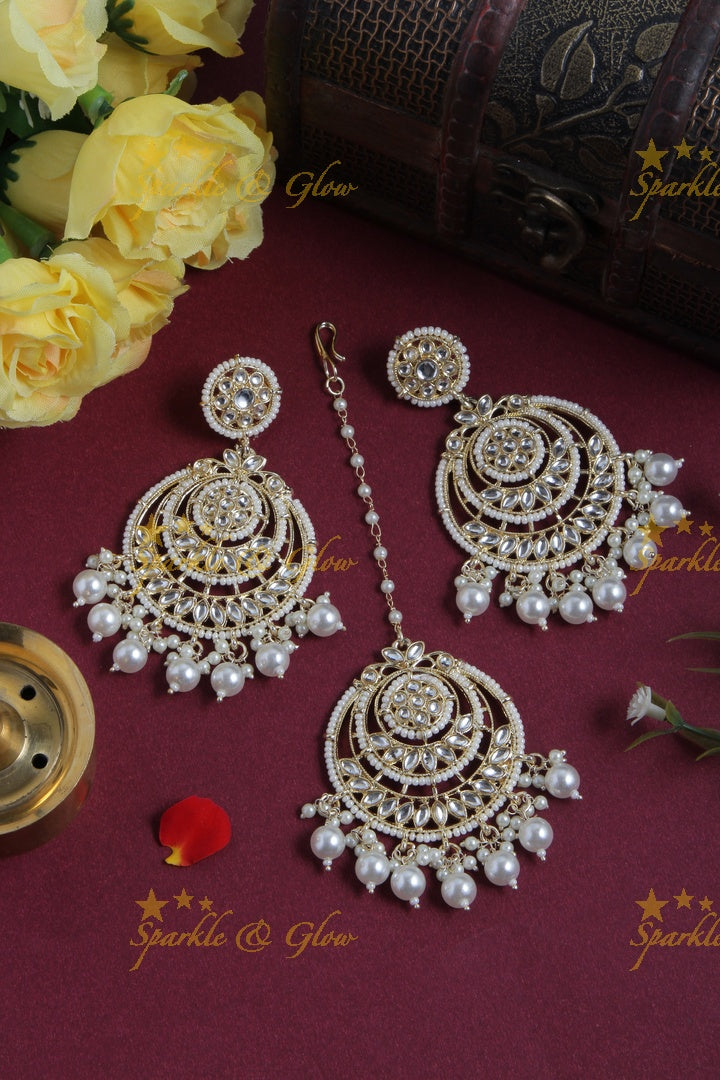 Beautiful White Stone Pearl Chandbalis with Maang Tikka