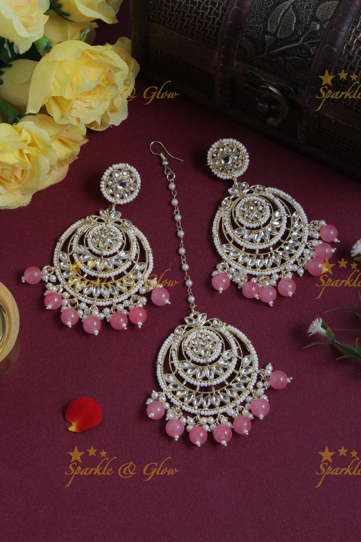 Beautiful White Stone Pearl Chandbalis with Maang Tikka