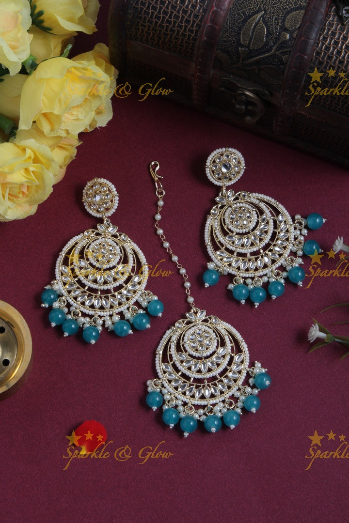 Beautiful White Stone Pearl Chandbalis with Maang Tikka