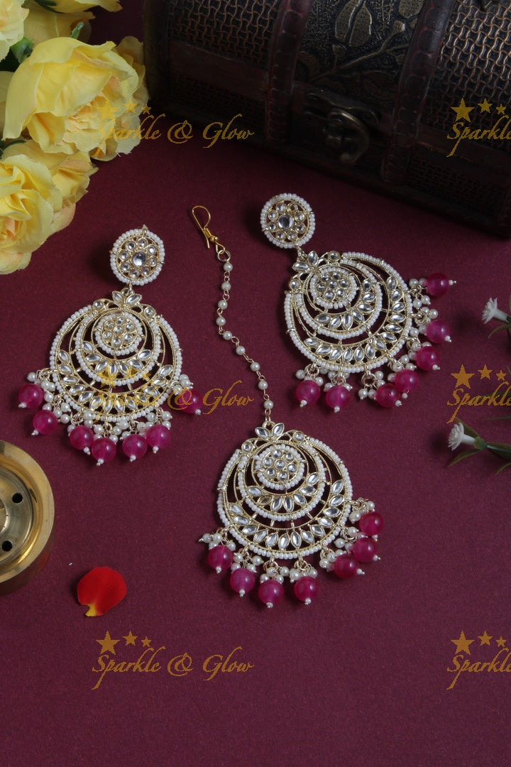 Beautiful White Stone Pearl Chandbalis with Maang Tikka
